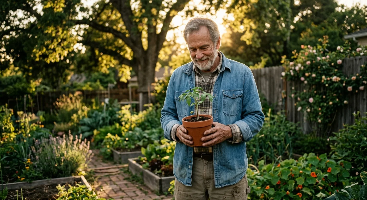 A warm portrait of a retired man in his garden gently holding a potted seedling, looking peaceful in the golden afternoon light.