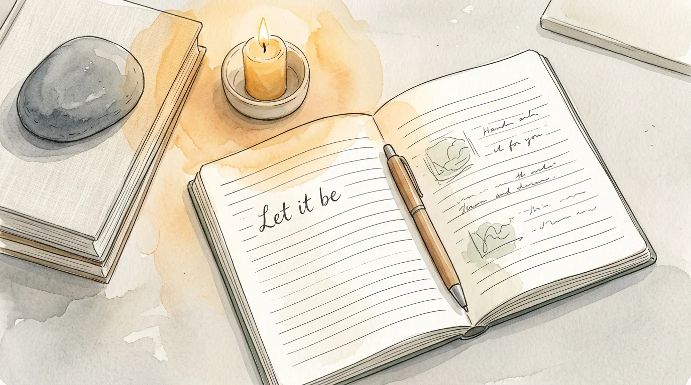 A watercolor flat-lay of an open journal reading 'Let it be', next to a smooth river stone and a softly glowing candle.