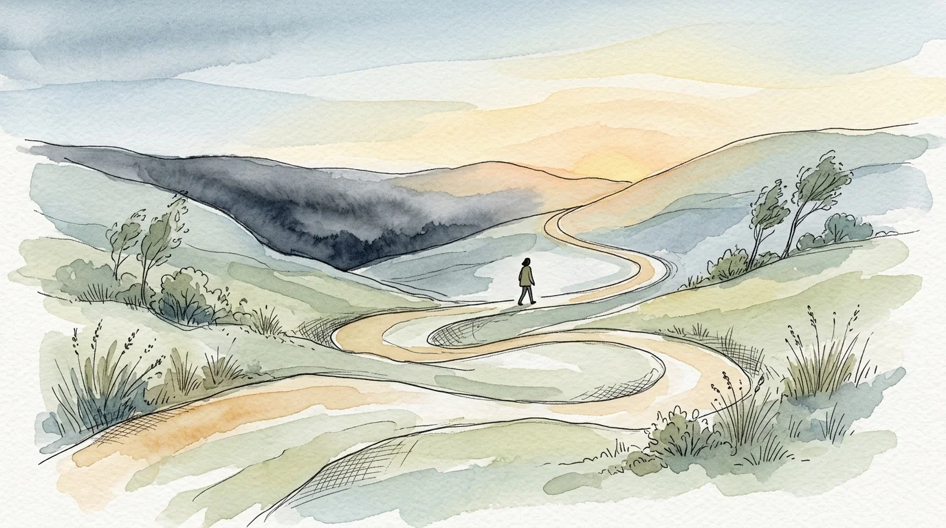 A watercolor illustration of a winding path through green hills leading toward a gentle sunrise, representing the journey of self-forgivenes