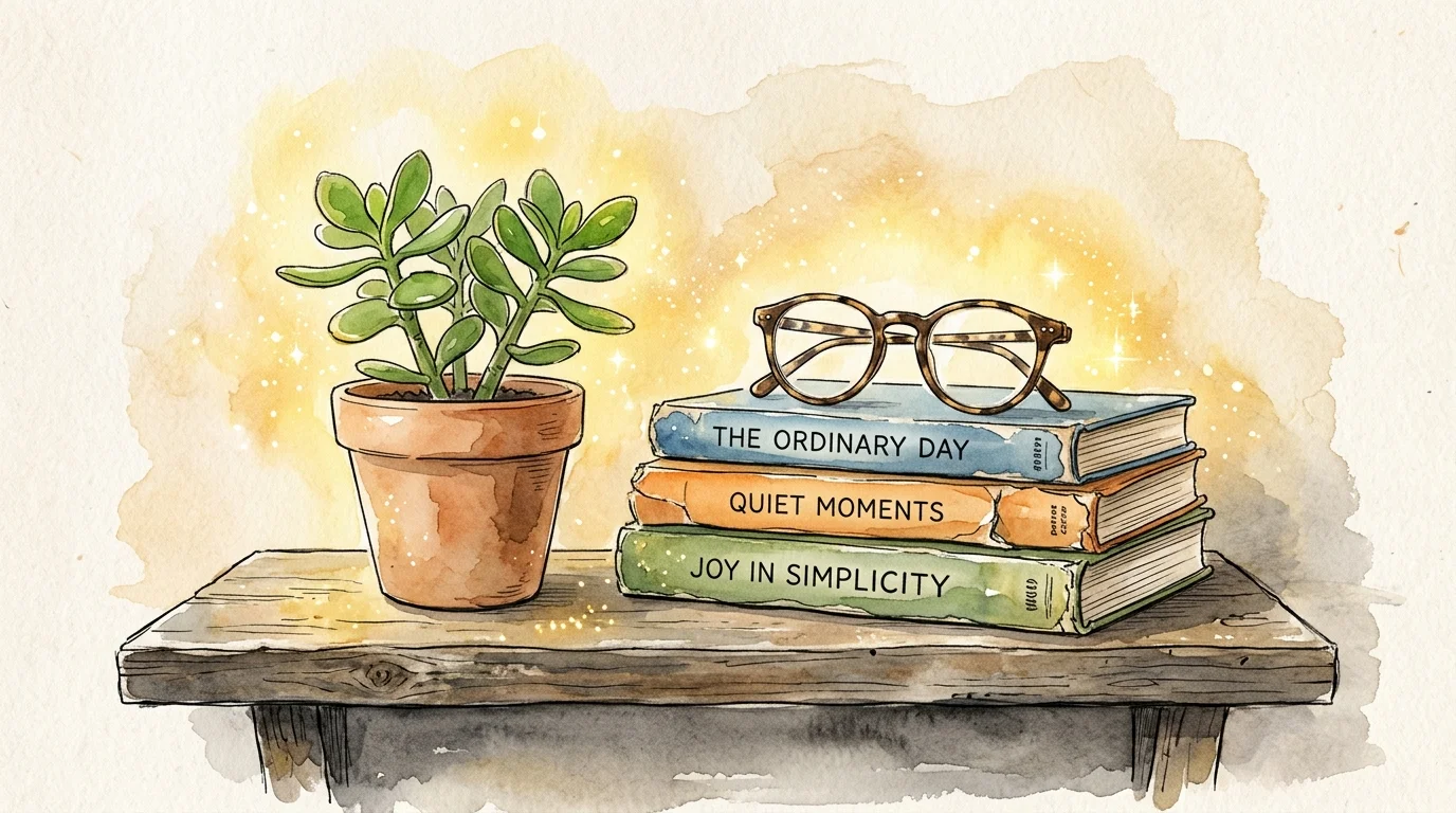 A watercolor sketch of a shelf with a potted plant, books, and glasses under a soft golden glow.