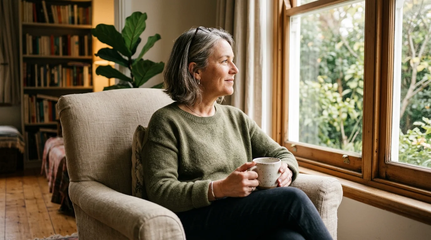 A woman in her fifties sits thoughtfully by a sunlit window with a warm drink, enjoying a moment of quiet reflection.