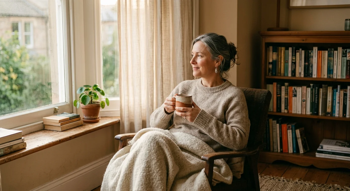 A woman in her late 40s sits peacefully in a sunlit living room holding a warm mug, smiling quietly to herself.