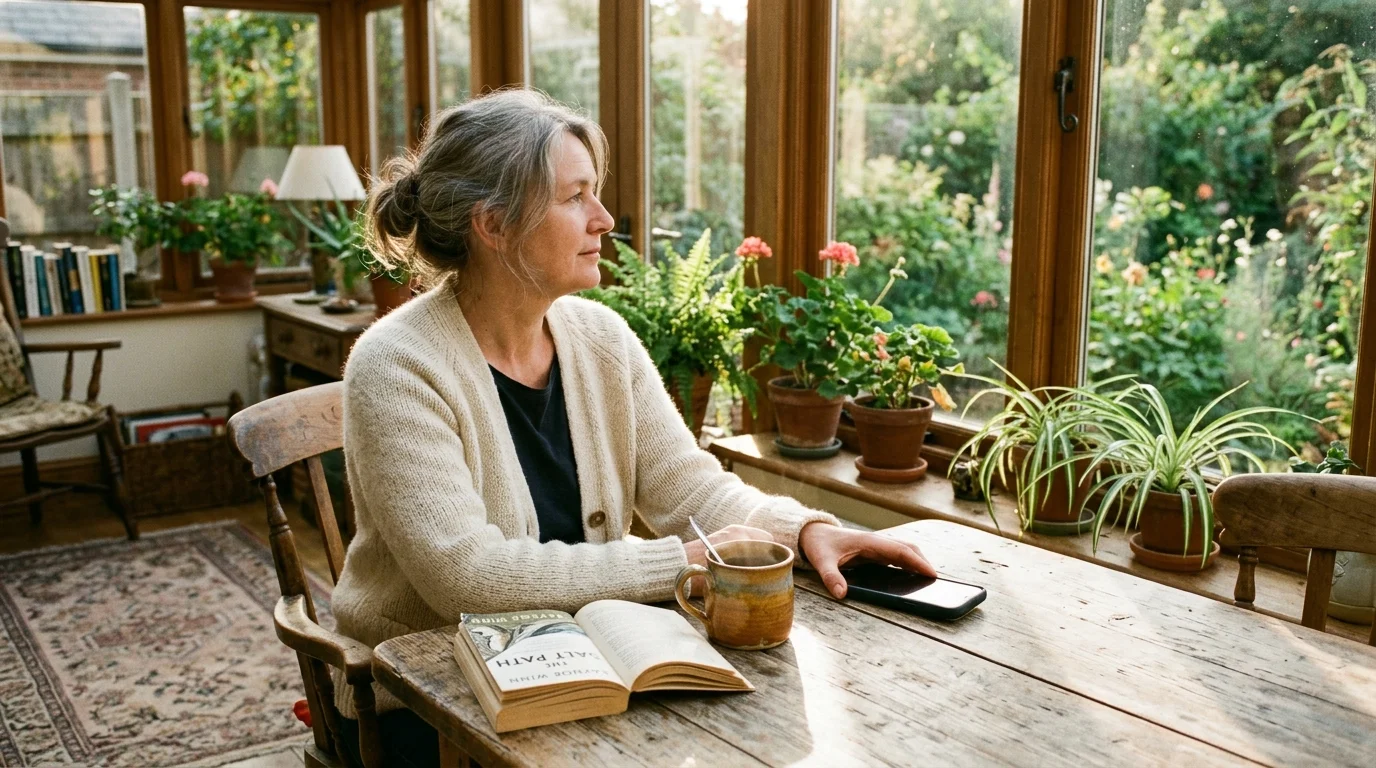 Mature woman in a cardigan sitting at a wooden table in a sunroom with an open book, coffee mug, and potted plants.