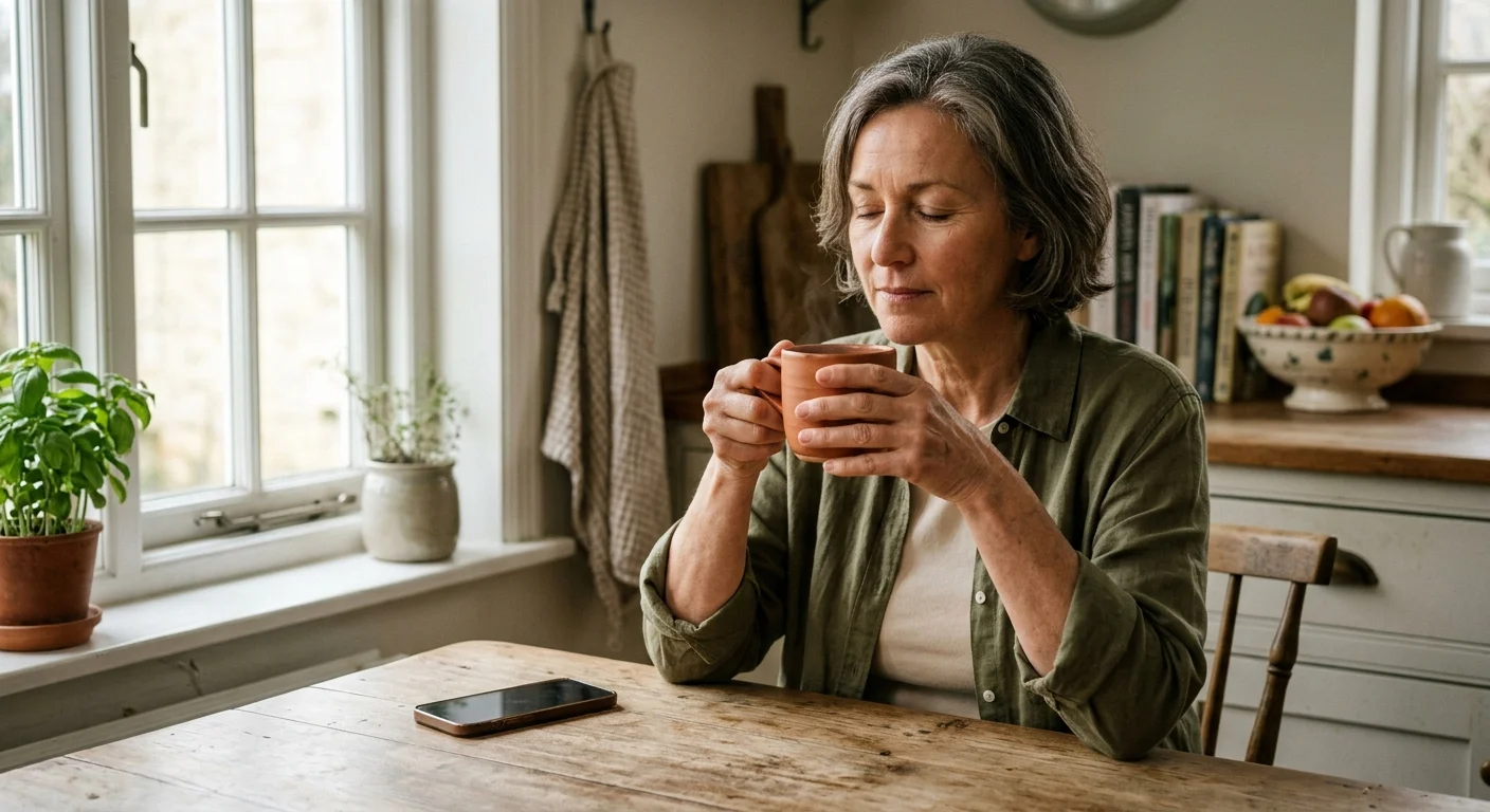 A woman sits peacefully at her sunny kitchen table with eyes closed, pausing in reflection next to her phone and a warm mug of tea.