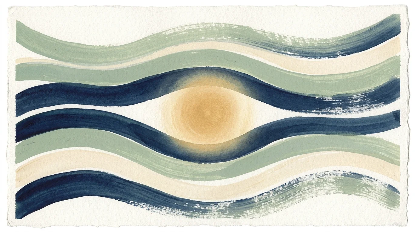 An abstract gouache painting with harmonious waves of indigo, sage, and cream surrounding a glowing golden center.