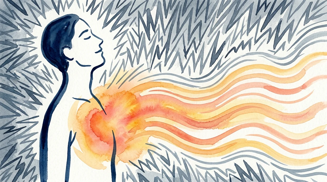 An abstract watercolor illustration of a calm human silhouette with warm waves of light radiating from the chest, soothing a chaotic backgro