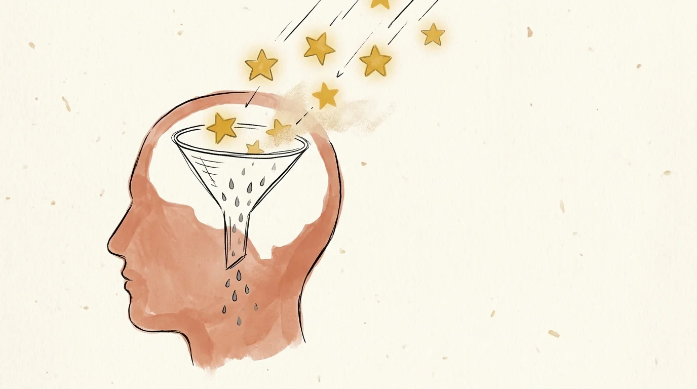 An editorial illustration of a mind filtering out golden stars while letting gray raindrops pass through.