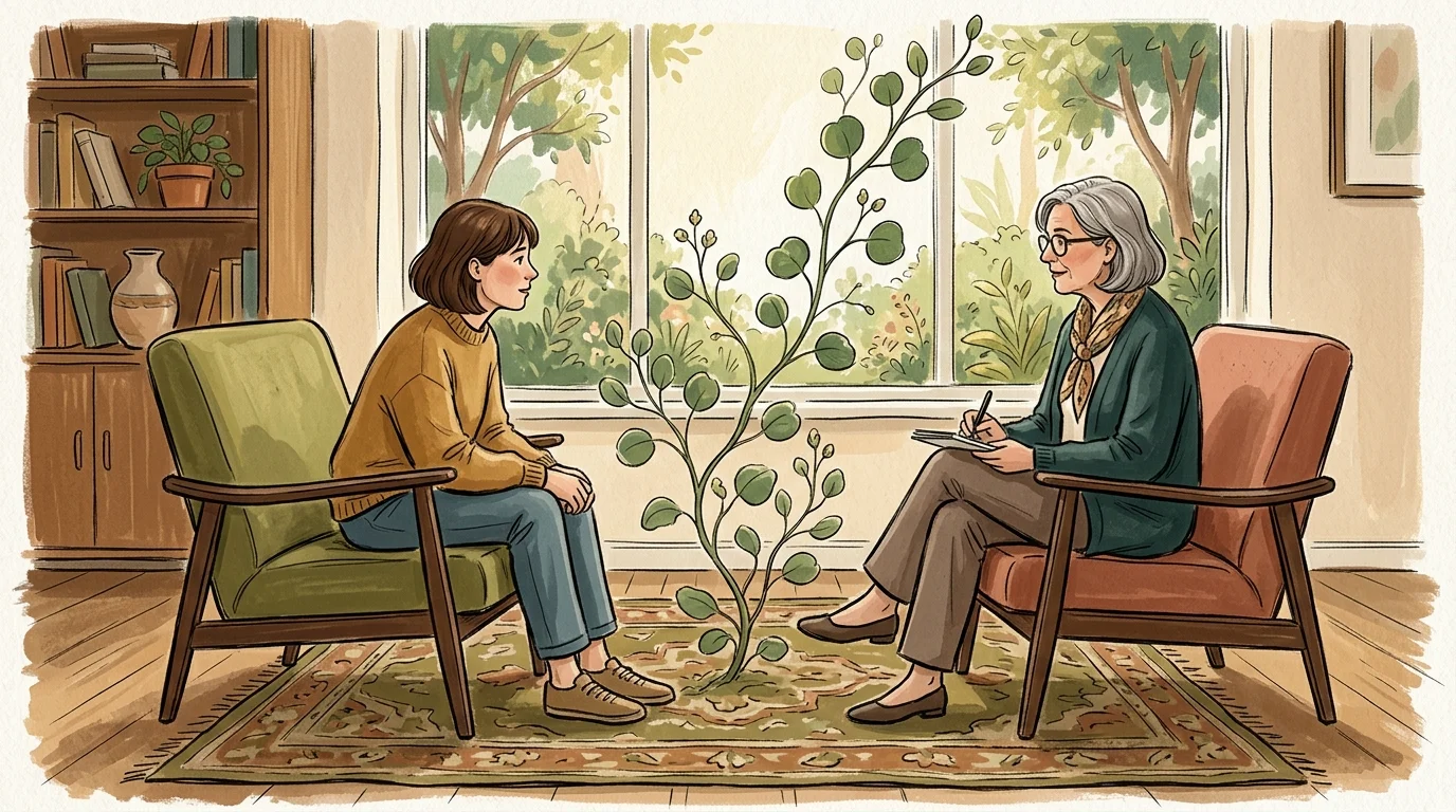 An editorial illustration of two cozy armchairs with a gentle green vine growing between them, in a sunlit room.