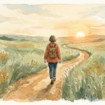 An editorial watercolor illustration of a person walking along a winding meadow path toward a warm golden sunset.