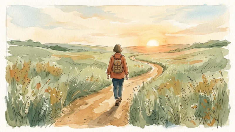 An editorial watercolor illustration of a person walking along a winding meadow path toward a warm golden sunset.