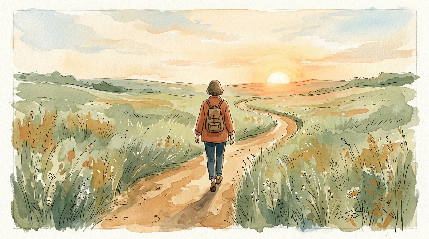 An editorial watercolor illustration of a person walking along a winding meadow path toward a warm golden sunset.