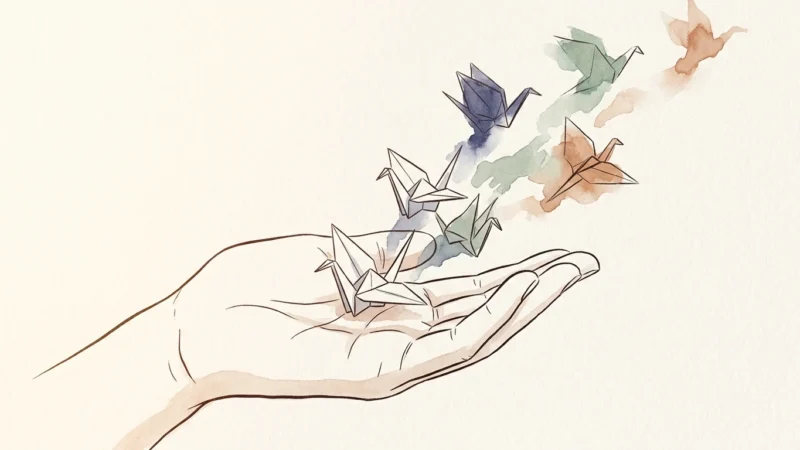 An elegant watercolor illustration of an open hand releasing paper origami cranes that dissolve into soft, colorful washes of ink.