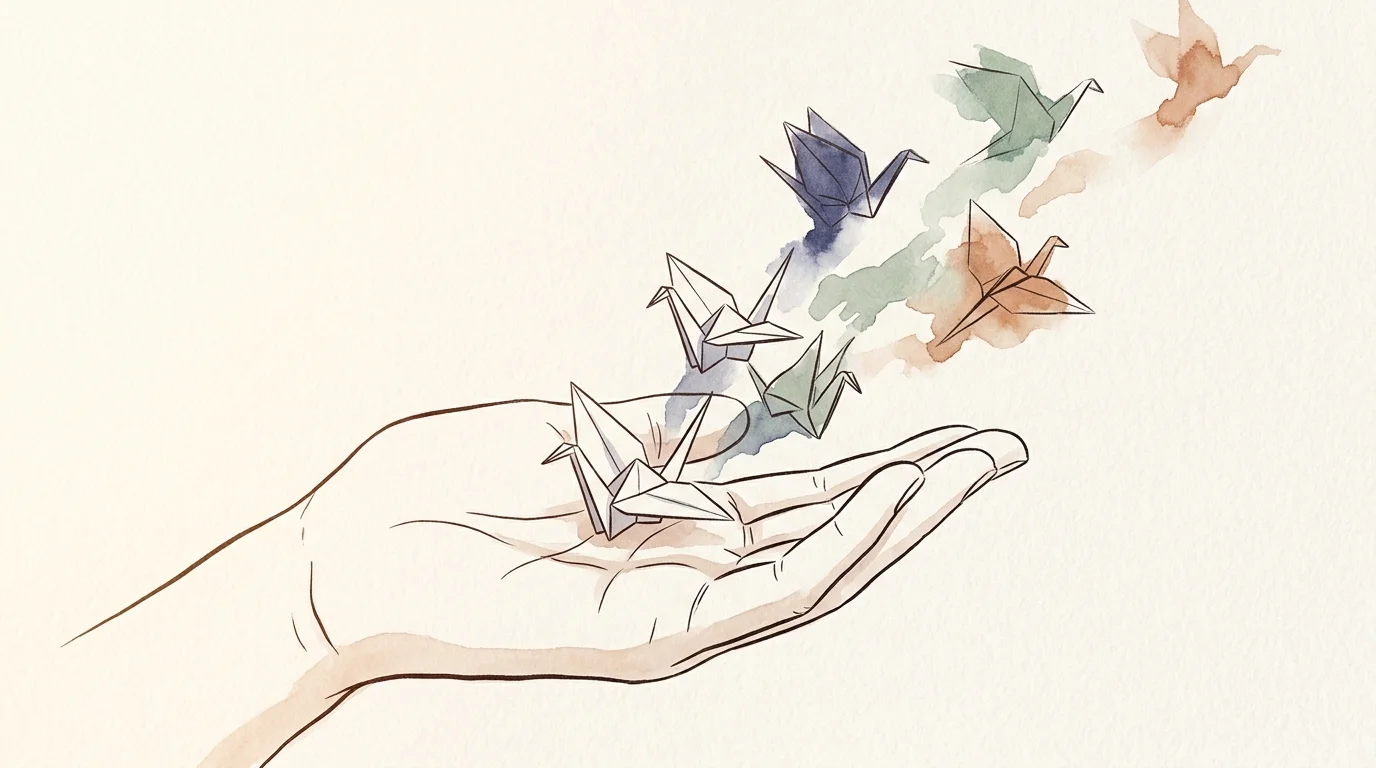 An elegant watercolor illustration of an open hand releasing paper origami cranes that dissolve into soft, colorful washes of ink.