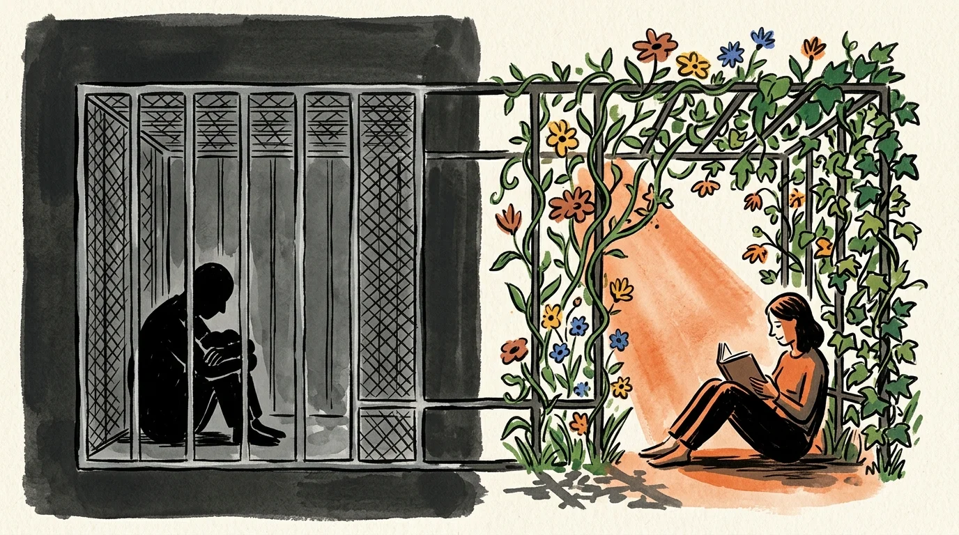An illustration contrasting a cold cage stereotype with a lush, green trellis of peaceful solitude.