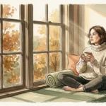 An illustration of a person in a cozy sweater sitting on a window seat, holding a warm mug as soft sunlight streams into the room.
