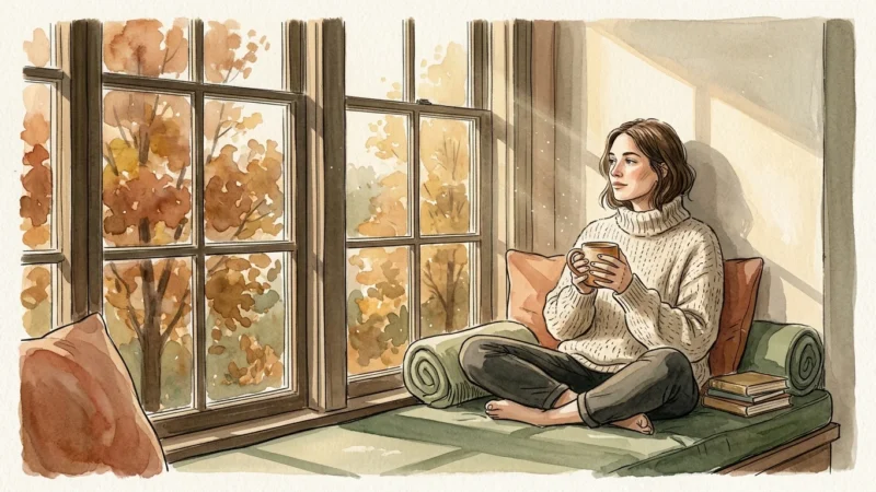 An illustration of a person in a cozy sweater sitting on a window seat, holding a warm mug as soft sunlight streams into the room.