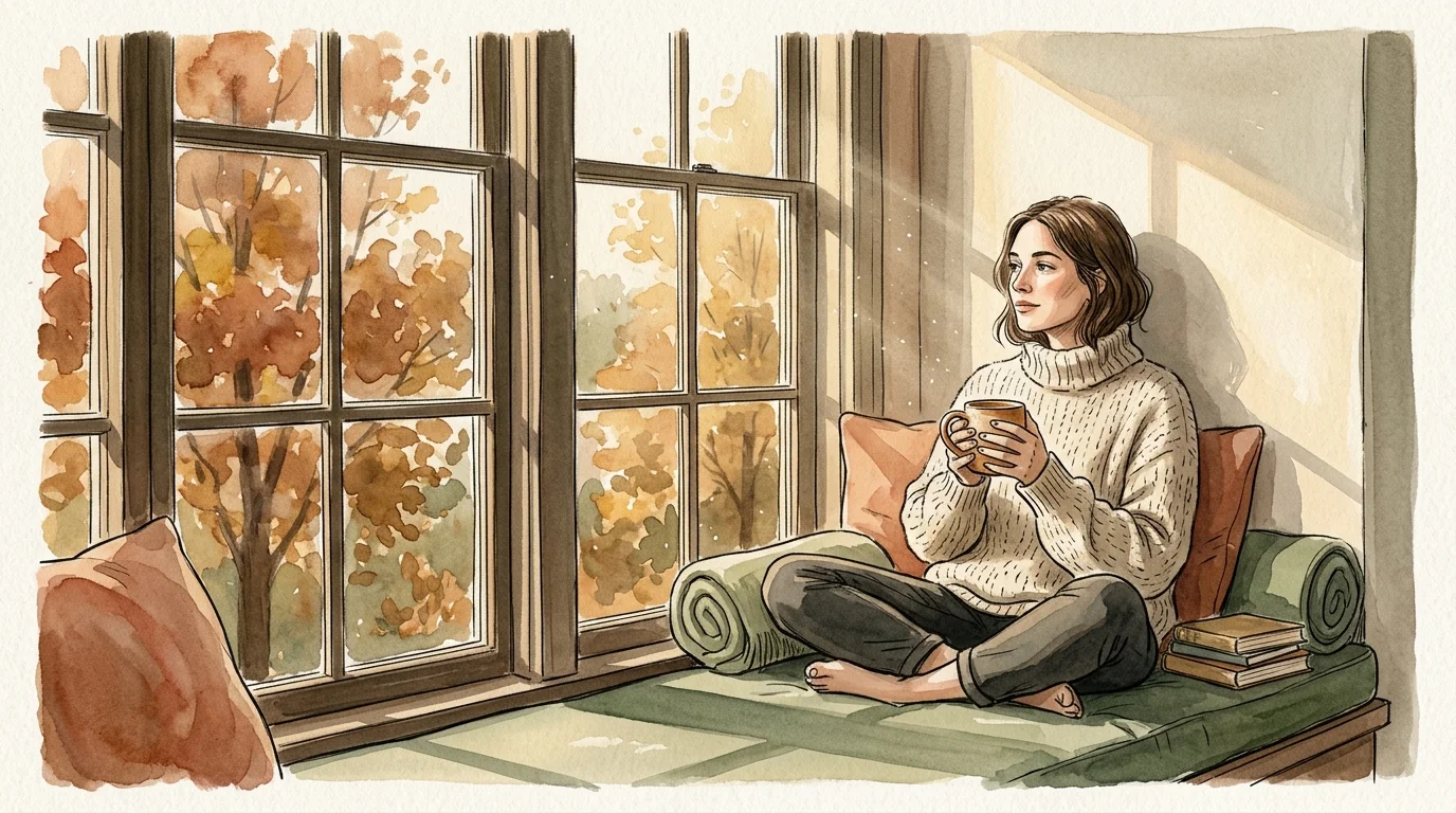 An illustration of a person in a cozy sweater sitting on a window seat, holding a warm mug as soft sunlight streams into the room.