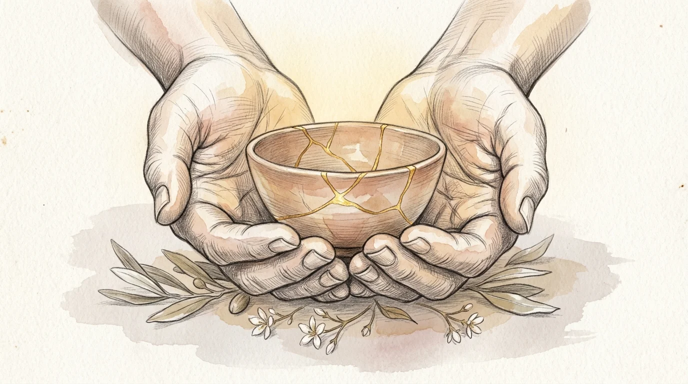 Two hands cupping a small ceramic bowl repaired with gold kintsugi seams, resting above olive leaves and small blossoms.