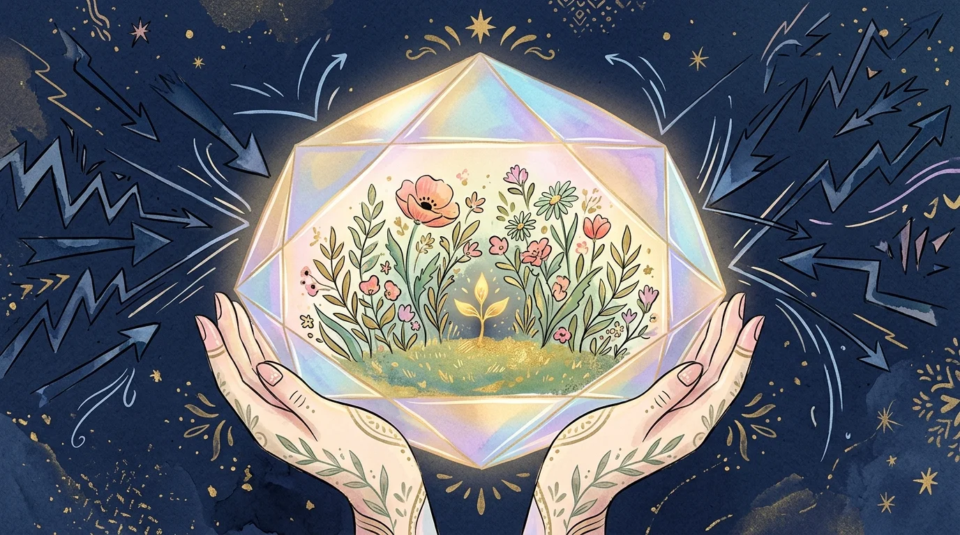 An illustration of stylized hands holding a protective crystal shield that guards a delicate inner garden.