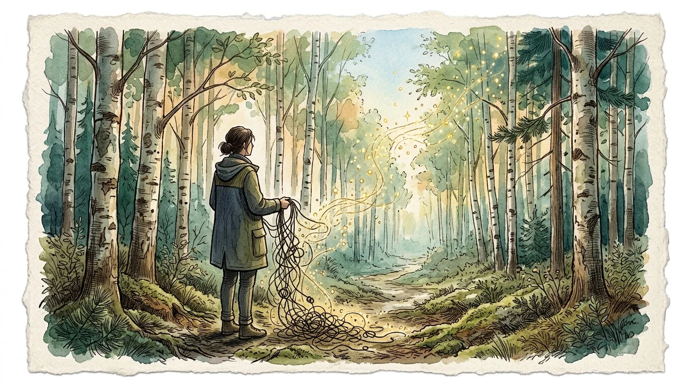 Watercolor illustration of a person on a forest path holding tangled strings unraveling into glowing golden light.