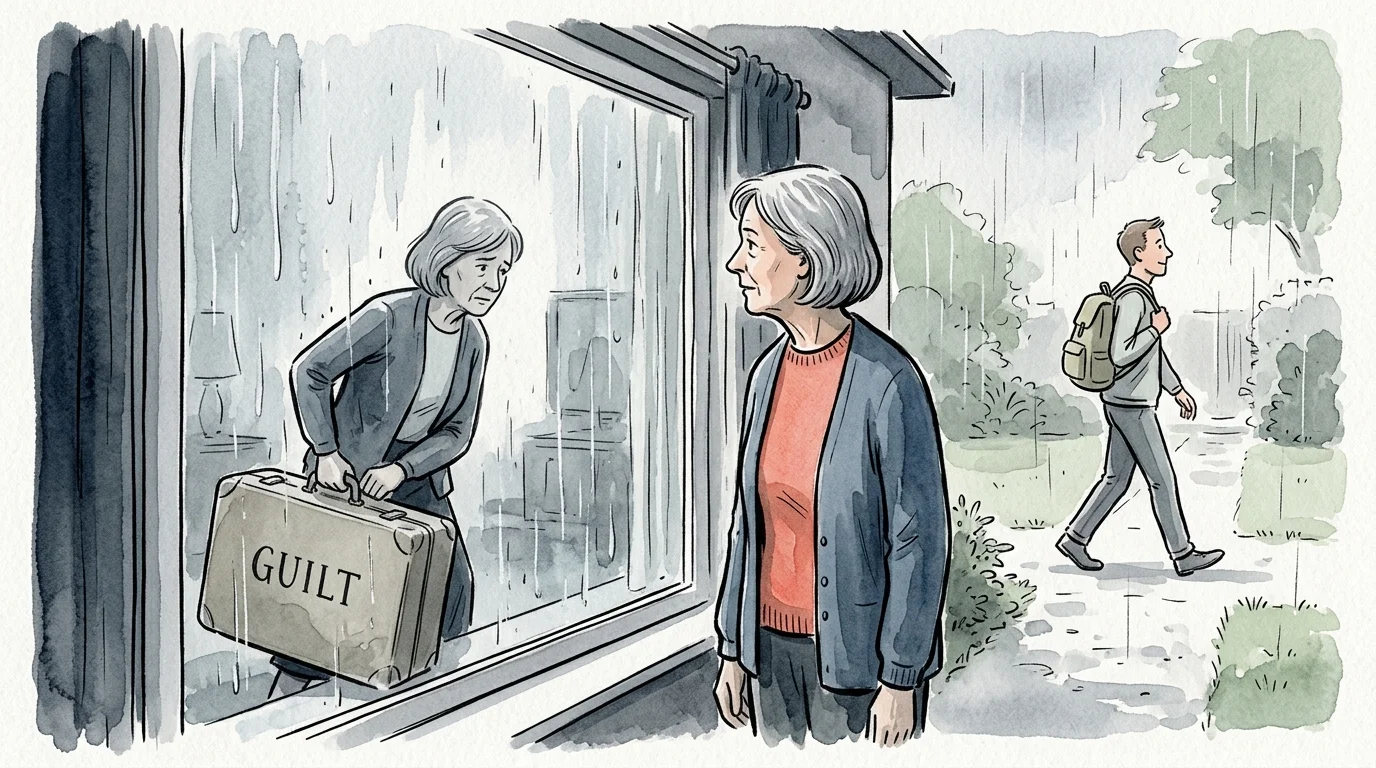 An ink and watercolor illustration of a retired woman looking out a window, her reflection carrying a heavy suitcase labeled guilt.