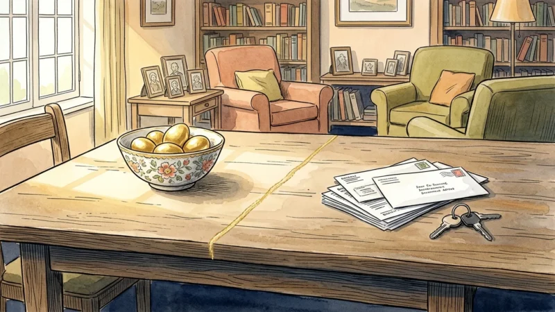 An ink and watercolor illustration showing a golden line drawn on a table, separating a bowl of golden eggs from a stack of bills.