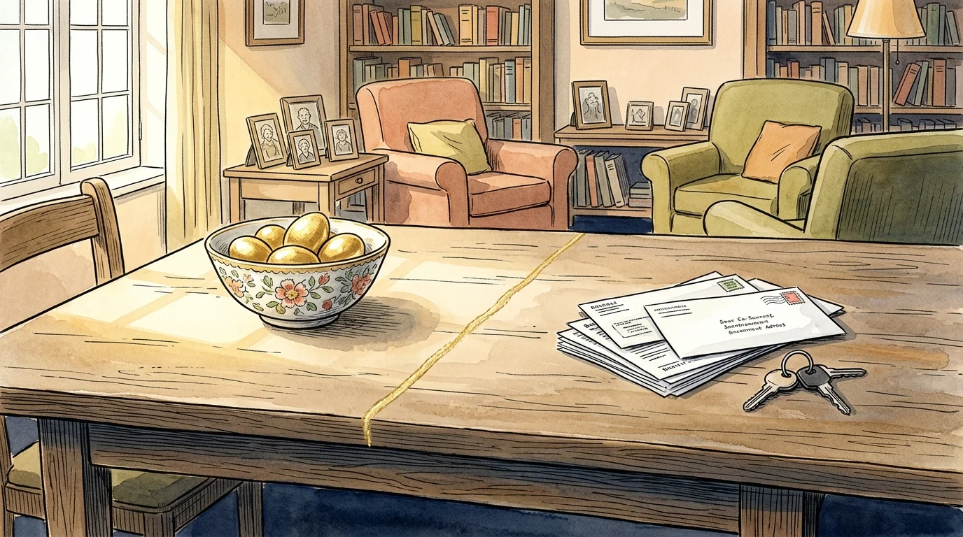 An ink and watercolor illustration showing a golden line drawn on a table, separating a bowl of golden eggs from a stack of bills.
