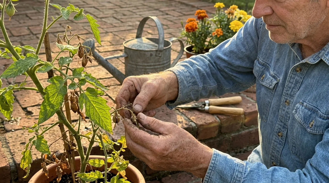 A man in a denim shirt gently inspects a potted tomato plant on a brick patio near flowers and a watering can.