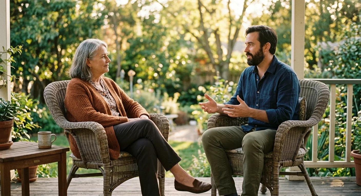 An older mother listens intently to her adult son on a sunlit porch, showing a supportive, non-intrusive relationship.