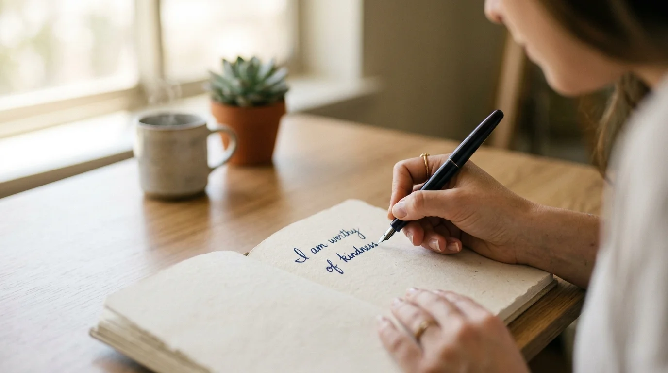 Close-up of a person writing 'I am worthy of kindness' in a journal at a sunlit wooden desk.