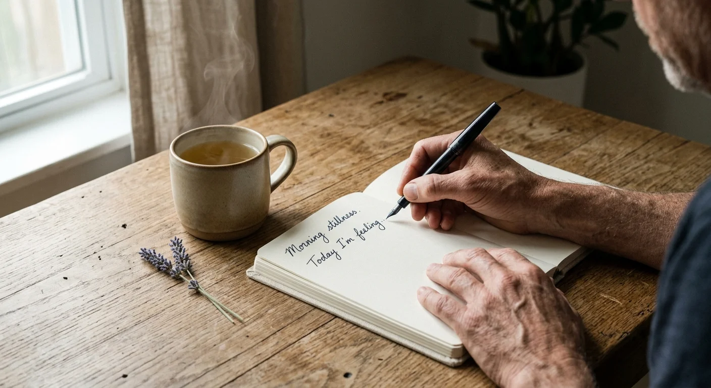 Close-up photo of hands writing in a journal on a wooden table next to a steaming mug of tea during a morning routine.
