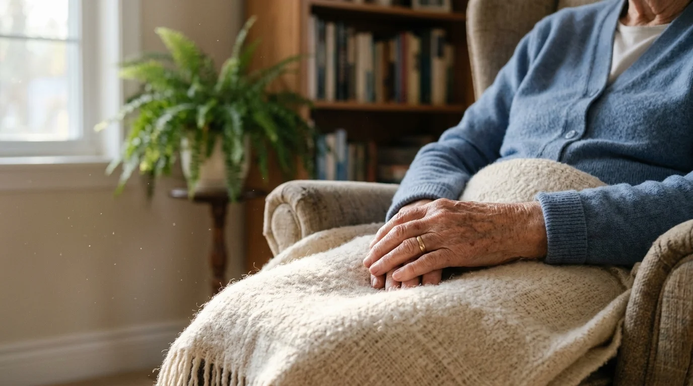 Elderly person in a blue cardigan resting hands on a blanket over their lap while seated in an armchair.