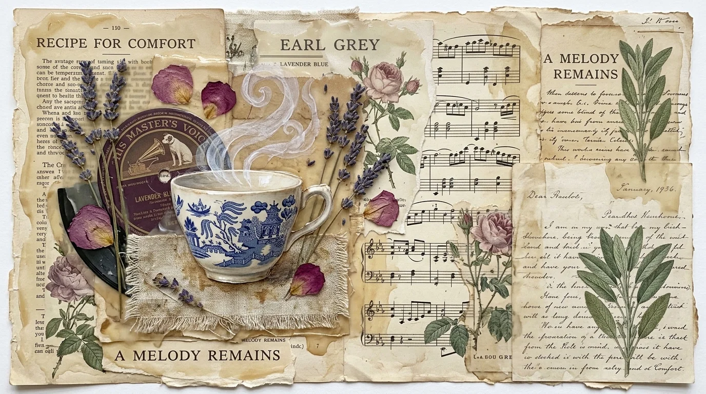 Vintage paper collage featuring sheet music, a steaming teacup, dried lavender sprigs, rose petals, and botanical leaves.