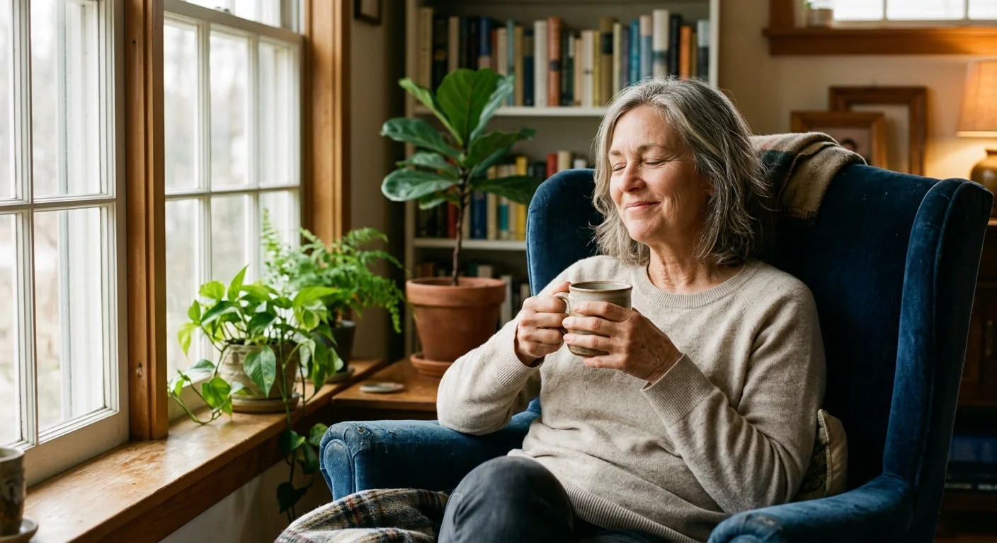 Documentary photo of a mature woman smiling with closed eyes, holding a mug by a sunny window, looking deeply peaceful.