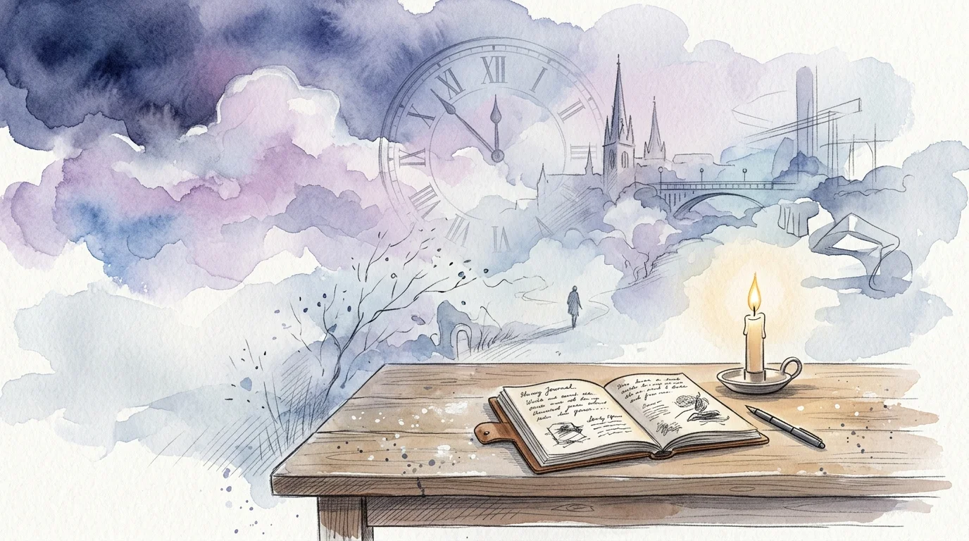 Watercolor illustration of an open journal and candle on a wooden desk beneath dreamlike sketches of a clock and cityscape.