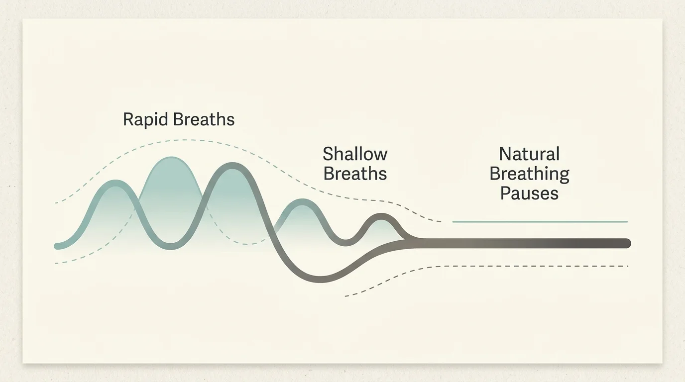 Diagram of wave patterns shifting from rapid breaths to shallow breaths and flatlining at natural breathing pauses.