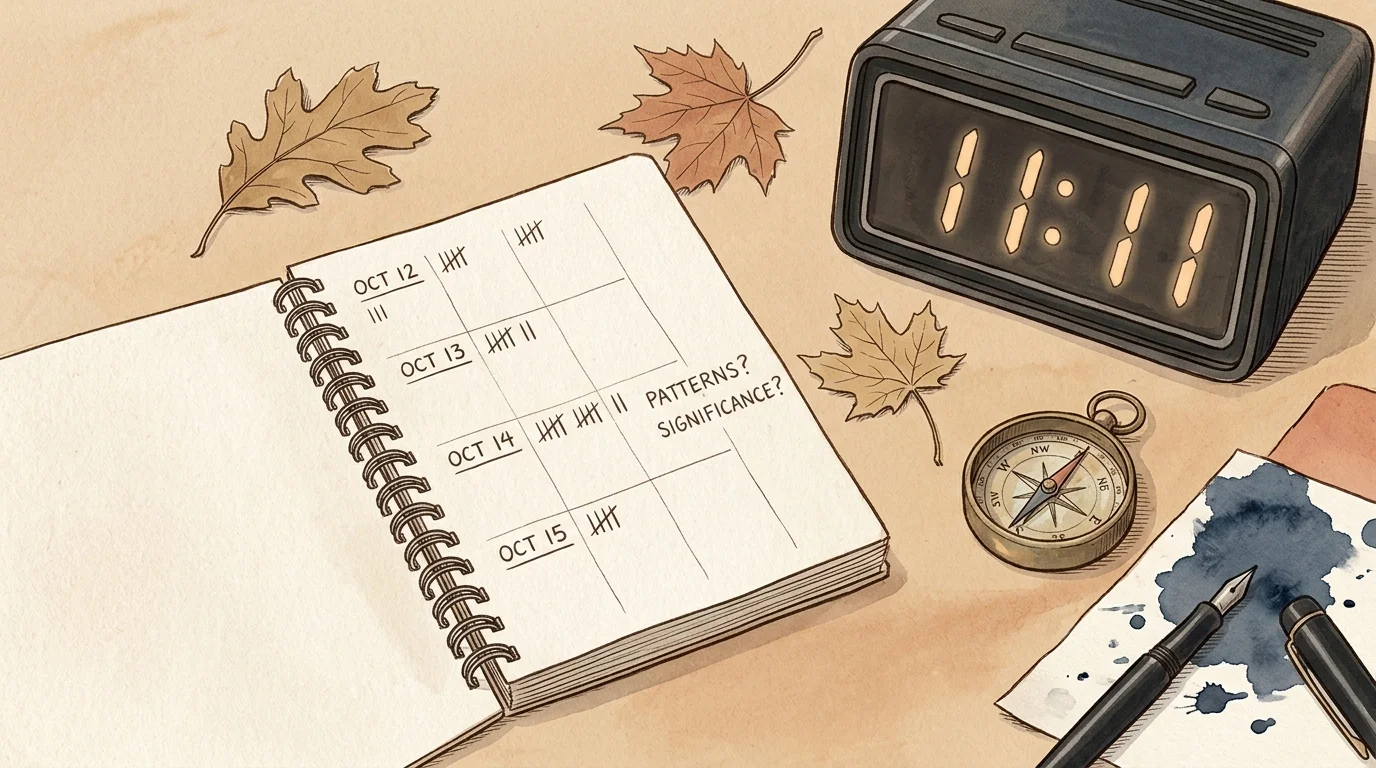 Notebook tracking dates and tallies beside a digital clock showing 11:11, autumn leaves, a compass, and an ink pen.
