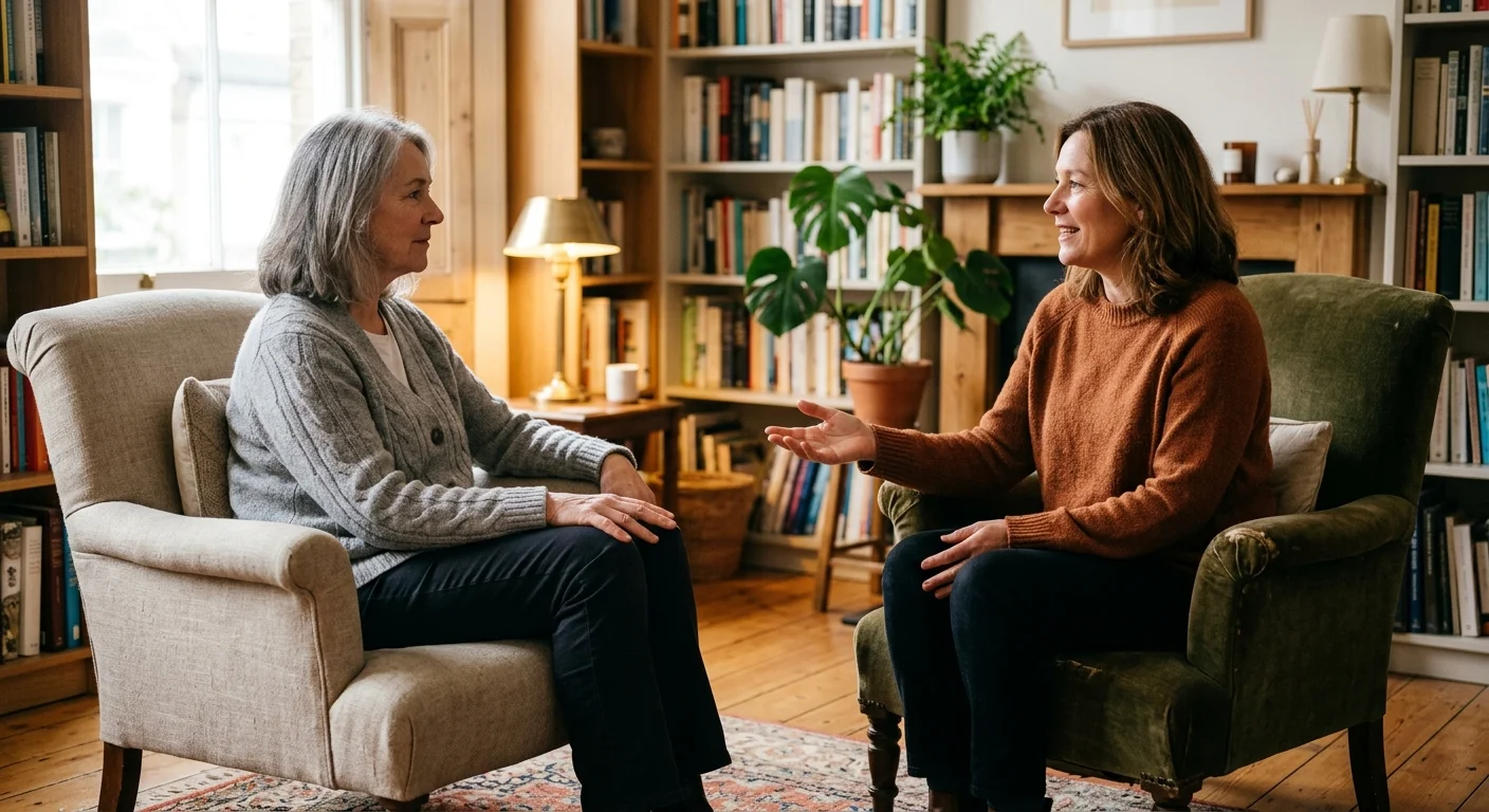 Editorial photo focusing on the gesturing hands of two people sitting in cozy armchairs during a supportive counseling session.