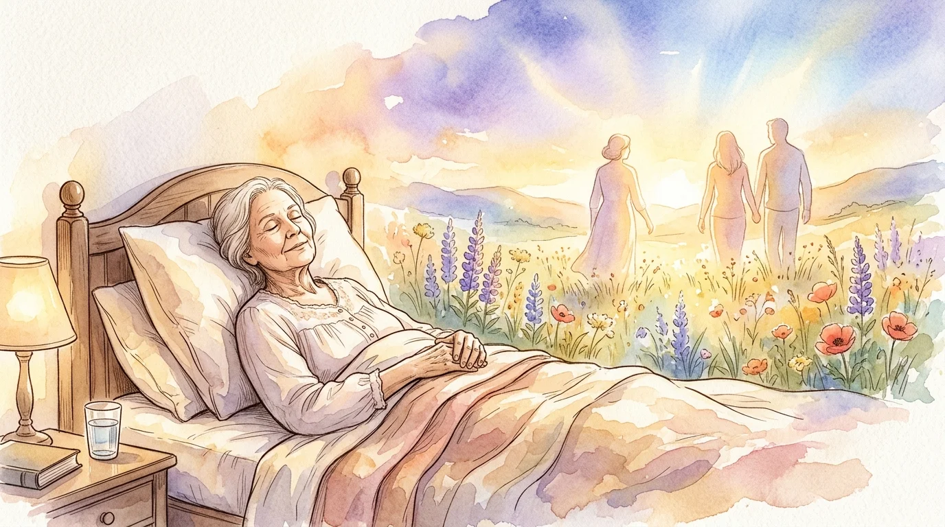 Watercolor of an elderly woman asleep in bed transitioning into a vision of figures in a sunlit wildflower field.