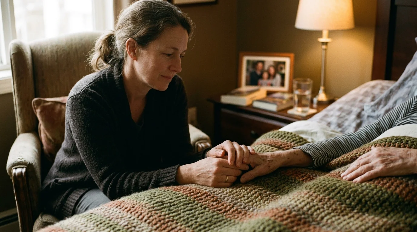 A woman sits beside a bed holding the hand of an elderly person lying under a knitted blanket.