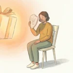 Illustration of a person holding a small paper shield to deflect a glowing gift, showing compliment anxiety.