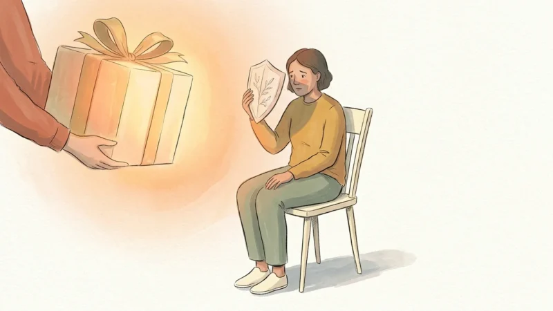 Illustration of a person holding a small paper shield to deflect a glowing gift, showing compliment anxiety.