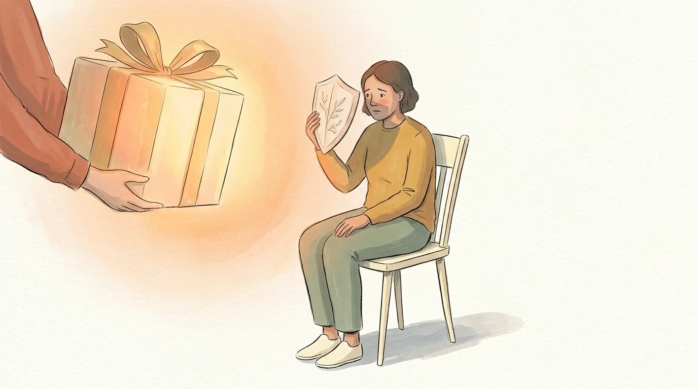 Illustration of a person holding a small paper shield to deflect a glowing gift, showing compliment anxiety.