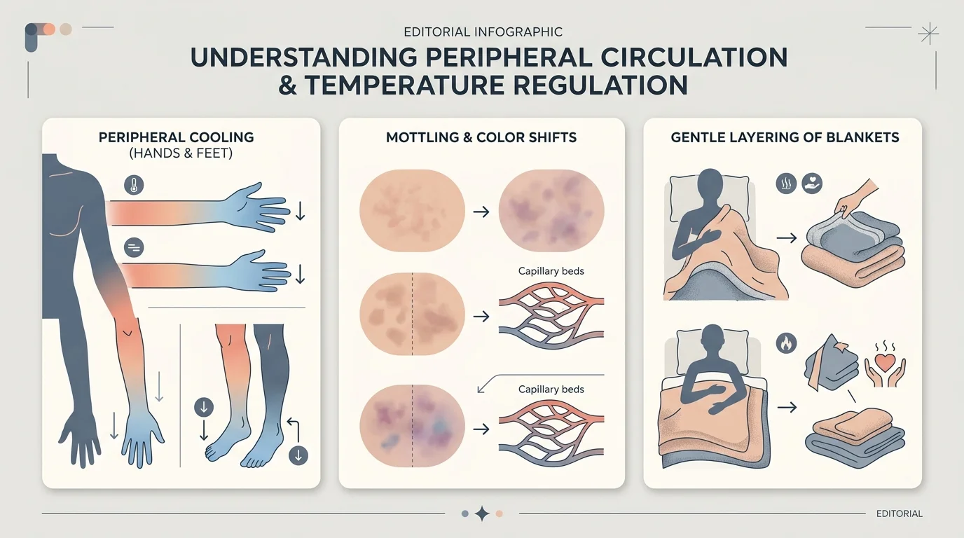 Diagram in three panels showing peripheral cooling in limbs, skin mottling progression, and layering blankets in bed.