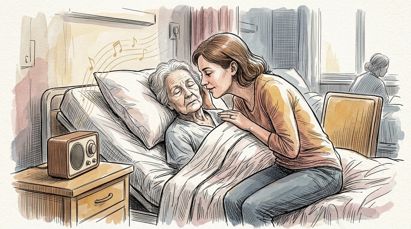 Watercolor art of a woman leaning close to an elderly woman resting in a hospital bed beside a playing radio.
