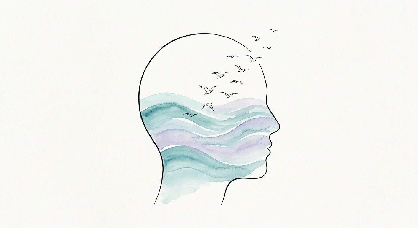 Minimalist watercolor illustration of a profile silhouette filled with calm blue waves and birds, representing mental peace.