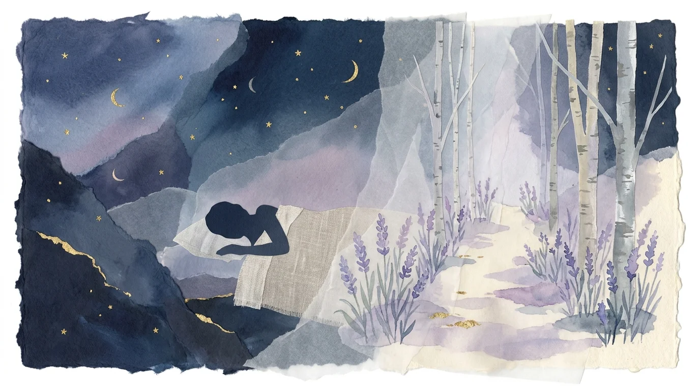 Watercolor collage of a silhouetted figure sleeping beneath a starry night sky, beside birch trees and lavender flowers.