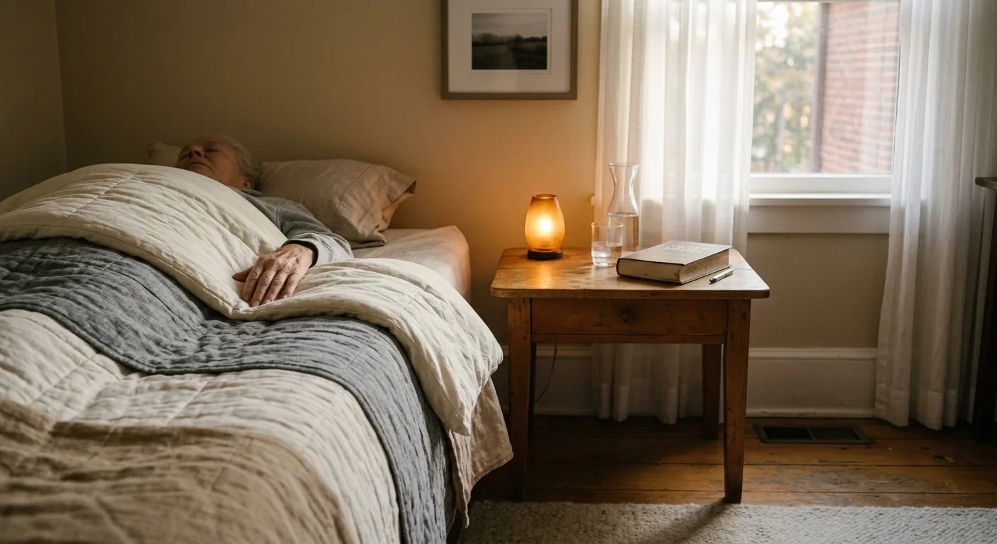 An older person sleeps in a bed with layered quilts beside a wooden nightstand with a small glowing lamp by a window.
