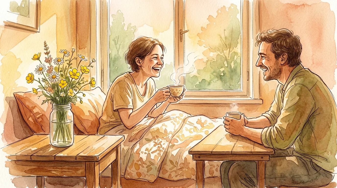 Watercolor of a smiling woman in bed drinking tea and laughing with a man sitting beside her near a window with flowers.