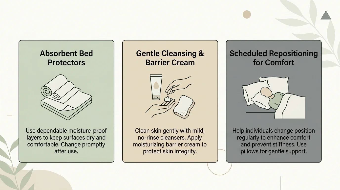 Three infographic cards illustrating steps for absorbent bed protectors, skin barrier cream, and scheduled repositioning.